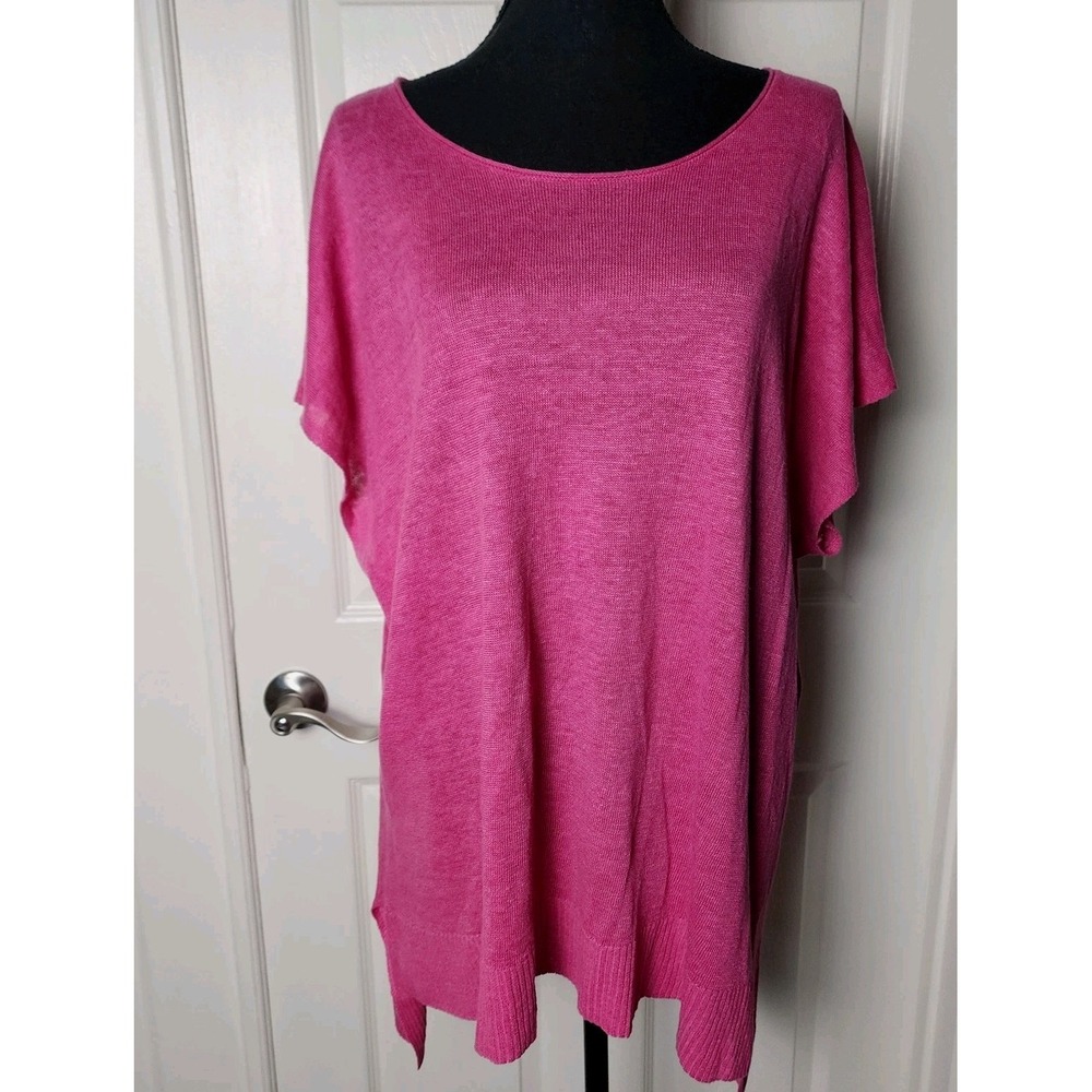 Eileen Fisher L Tunic Top 100%‎ Linen Hot Pink Feminine High Low Layering Boxy